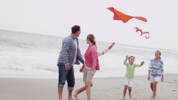 Familia divirtiéndose con cometa en la playa — Vídeos de Stock