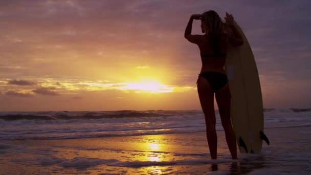 Vrouw op het strand bij zonsondergang — Stockvideo