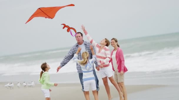 Familia divirtiéndose con cometa en la playa — Vídeo de stock