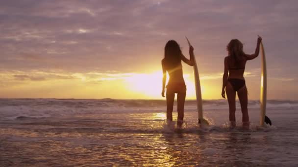 Meninas segurando pranchas de surf na praia — Vídeo de Stock