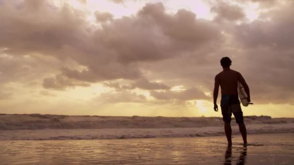 Surfer am Strand und beobachtet Wellen — Stockvideo