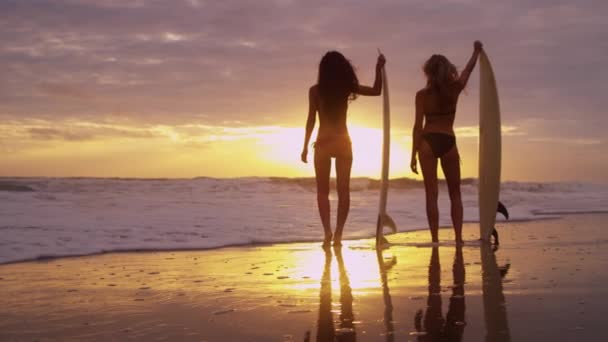 Niñas sosteniendo tablas de surf en la playa — Vídeos de Stock