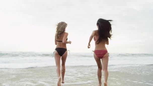 Vriendinnen voor het dragen van badkleding op strand — Stockvideo