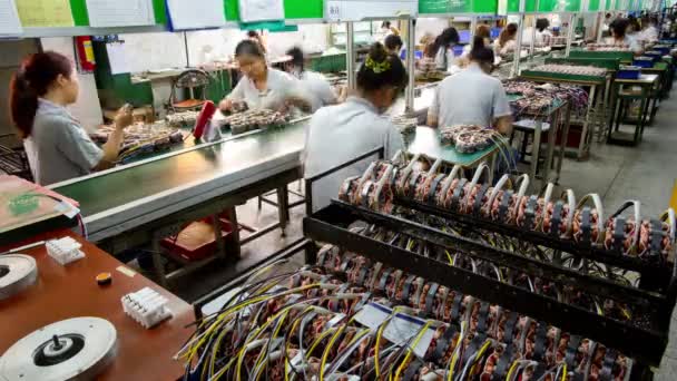 Linha de montagem trabalhadores que produzem produtos elétricos — Vídeo de Stock