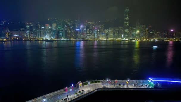 Hong Kong skyline with illuminated skyscrapers — Stock Video