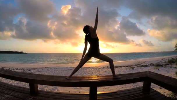 Mujer joven haciendo yoga en una playa — Vídeo de stock