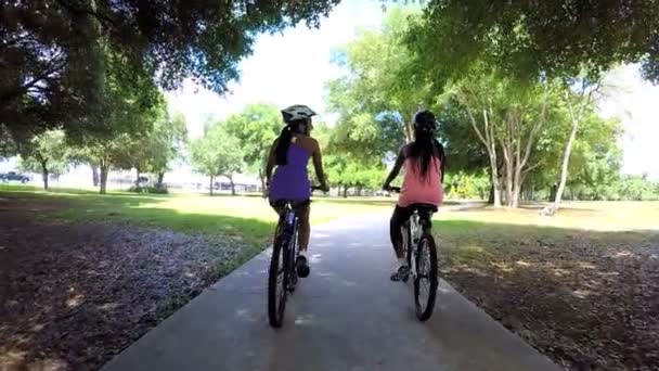 Multi mulheres étnicas andar de bicicleta no parque — Vídeo de Stock