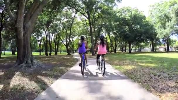 Несколько этнических женщин на велосипедах в парке — стоковое видео