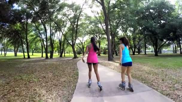 Multi ethnic women roller skating in park — Stock Video