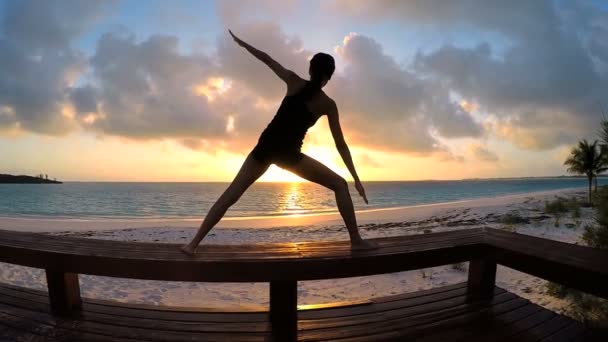 Jeune femme faisant du yoga sur une plage — Video