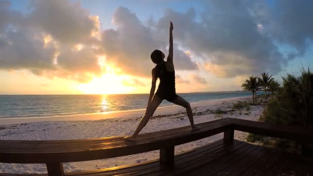 Mujer joven haciendo yoga en una playa — Vídeo de stock