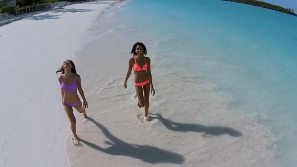 Multi ethnic girls having fun on the beach — Stock Video