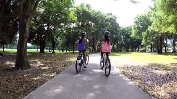 Mujeres multiétnicas montando bicicletas en el parque — Vídeo de stock
