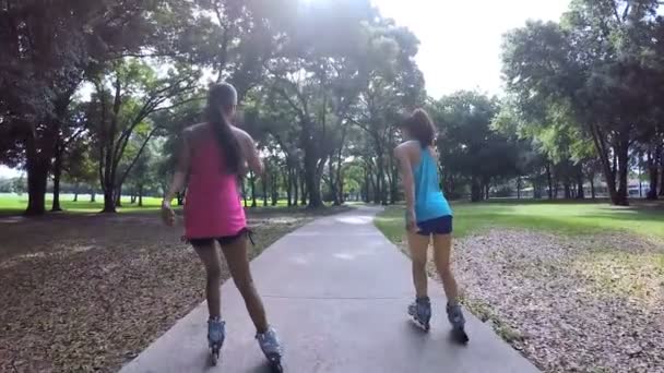 Багатонаціональні жіночі роликові ковзани в парку — стокове відео