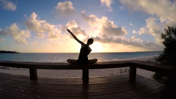 Jeune femme faisant du yoga sur une plage — Video