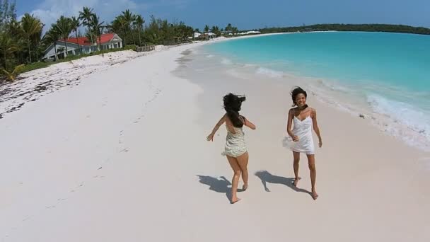 Multi meninas étnicas se divertindo na praia — Vídeo de Stock