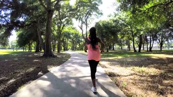 Vrouw genieten van macht wandelen in het park — Stockvideo