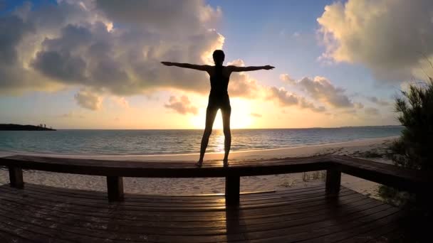 Jeune femme faisant du yoga sur une plage — Video