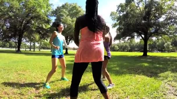 Multi εθνοτικές κορίτσια απολαμβάνουν γυμναστήριο στο πάρκο — Αρχείο Βίντεο
