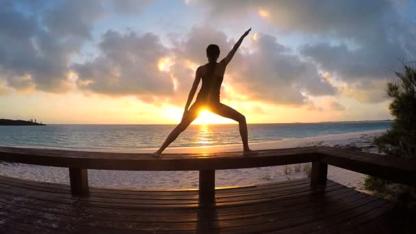 Mujer joven haciendo yoga en una playa — Vídeo de stock