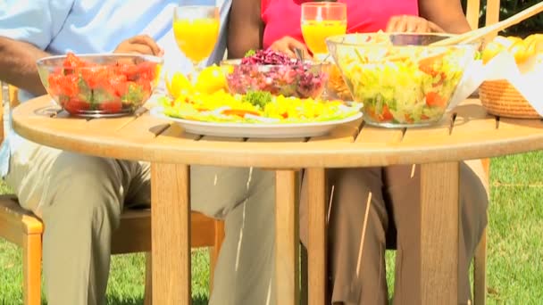 Pareja étnica jubilada disfrutando de almuerzo saludable — Vídeo de stock