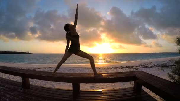 Ung kvinna gör yoga på en strand — Stockvideo