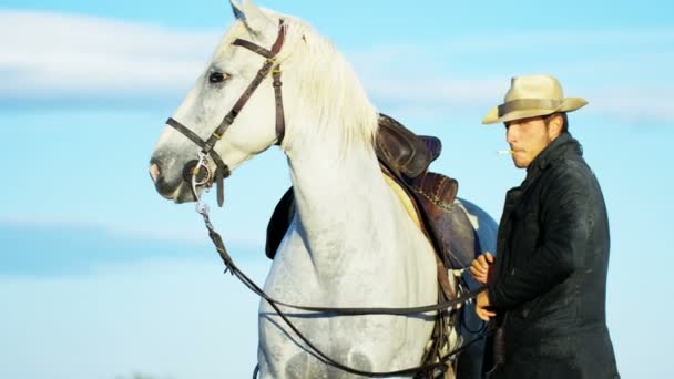 Male cowboy standing with white horse — Stock Video