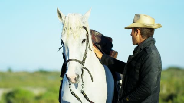 Male cowboy standing with white horse — Stock Video