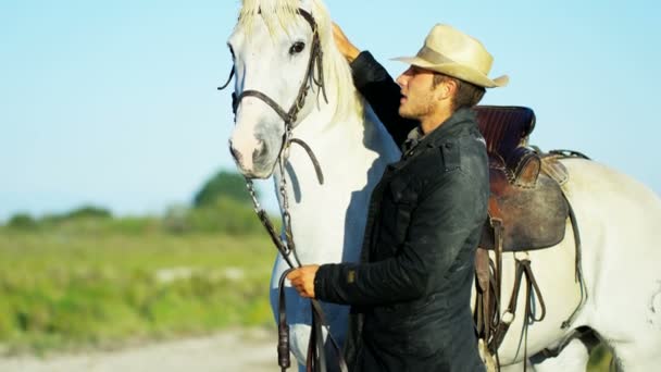 Cowboy mężczyzna stojący z białego konia — Wideo stockowe