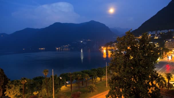 Tempestade noite relâmpago ao ar livre Lago Lugano — Vídeo de Stock