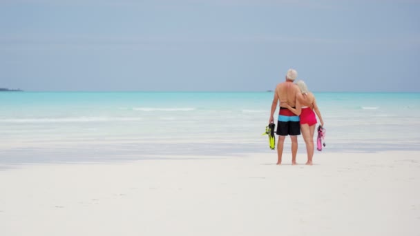 Senior pareja caucásica en traje de baño haciendo snorkel — Vídeos de Stock
