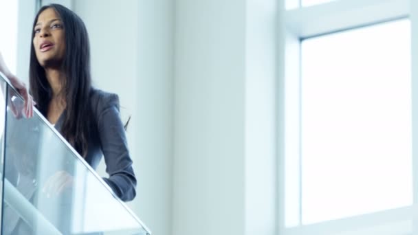 Mujeres de negocios discutiendo algo en el edificio de oficinas — Vídeos de Stock