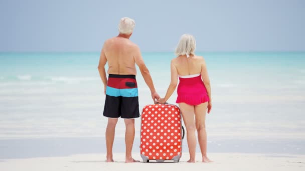 Senior paar genieten van vakantie op strand — Stockvideo