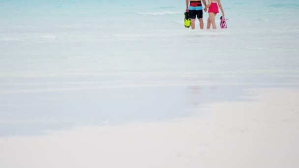 Couple aîné avec équipement de plongée avec tuba sur la plage — Video