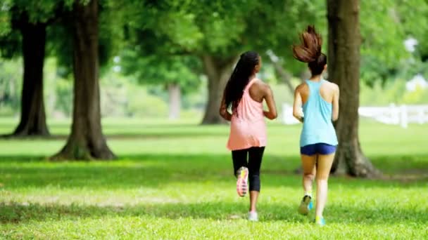 Multi meninas étnicas correndo no parque — Vídeo de Stock