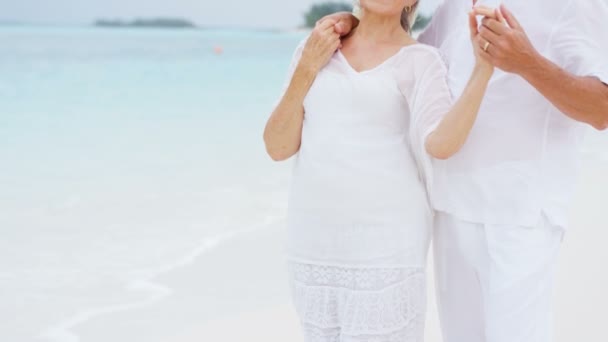 Pareja de ancianos disfrutando de vacaciones en la playa — Vídeos de Stock