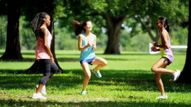 Multi etnische meisjes genieten van fitness in park — Stockvideo