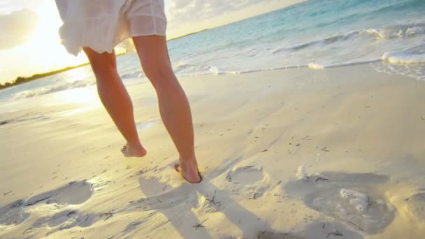 Las piernas de la mujer caminando descalza en una playa — Vídeo de stock