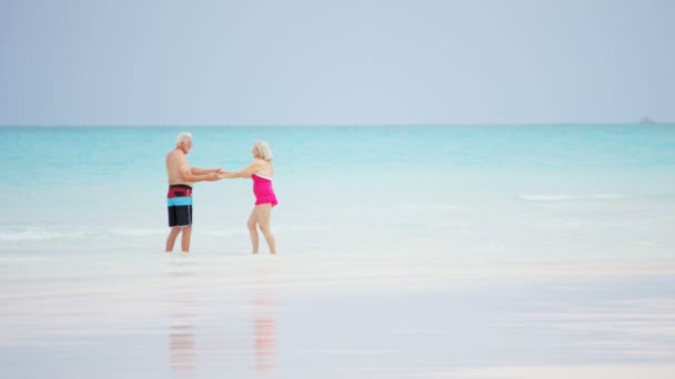 Coppia anziana godendo di vacanza sulla spiaggia — Video Stock