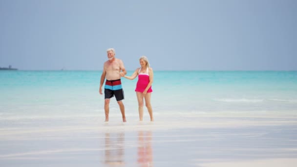 Senior paar genieten van vakantie op strand — Stockvideo