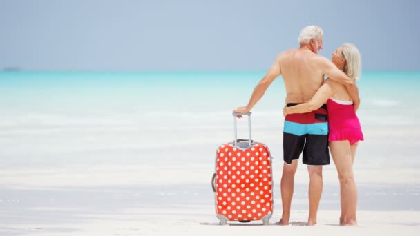 해변에서 휴가 즐기는 노인 부부 — 비디오