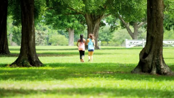 Multi niñas étnicas poder caminar en el parque — Vídeos de Stock