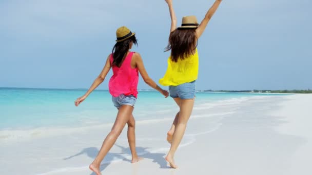 Multi etnikai barátnők szórakozás a strandon — Stock videók