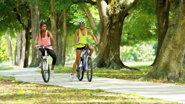 Multi etniska kvinnor ridning cyklar i parken — Stockvideo