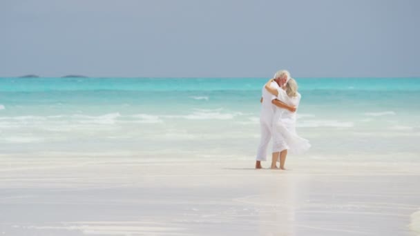 Couple de personnes âgées profitant de vacances sur la plage — Video