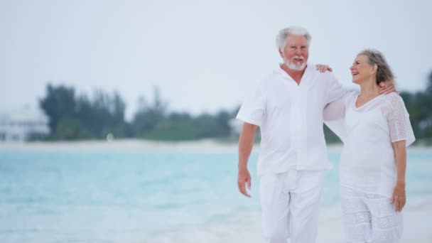 Pareja de ancianos disfrutando de vacaciones en la playa — Vídeos de Stock