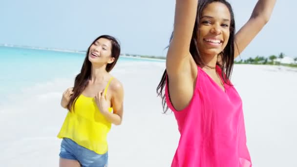Багато етнічних подружок розважаються на пляжі — стокове відео