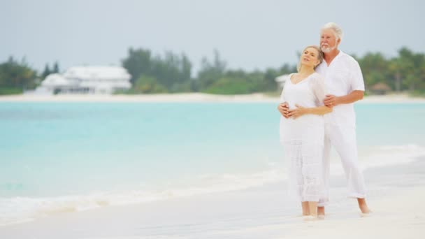 Старша пара насолоджується відпусткою на пляжі — стокове відео