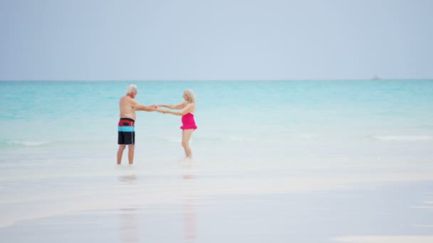 Coppia anziana godendo di vacanza sulla spiaggia — Video Stock