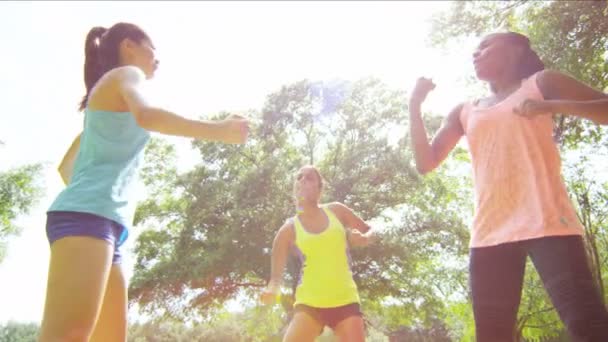 Multi meninas étnicas desfrutando de fitness no parque — Vídeo de Stock